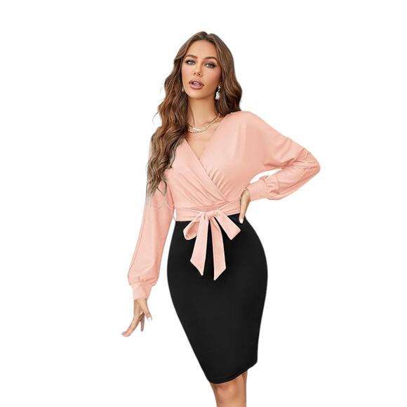 Grace Karin Pink & Black Classic V-Neckline Long Sleeve Form Fitting Wrap Dress - Picture 2 of 12